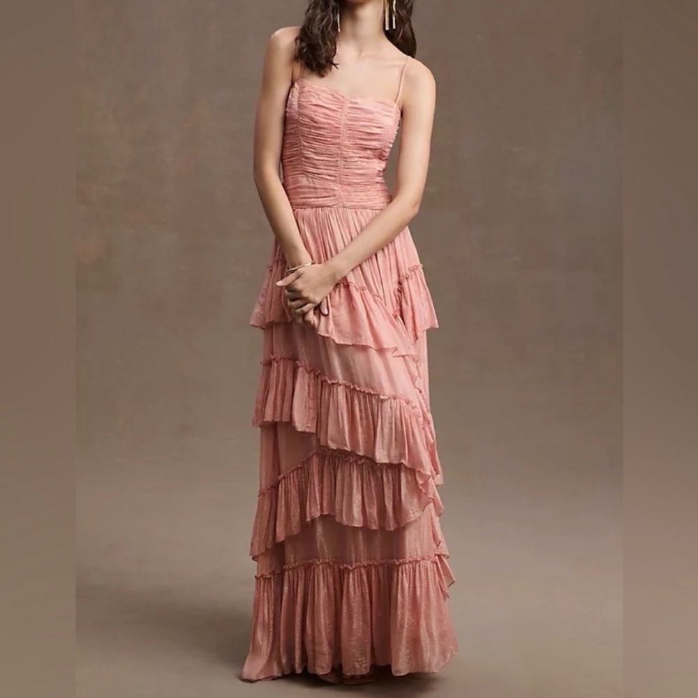 BHLDN Jessa Asymmetrical Metallic Tiered Ruffled Drop Waist Gown in blush size 8